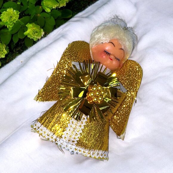 Vintage 1960's Gold Christmas Angel Sparkling Fabric White Hair Plastic Head - Picture 1 of 4
